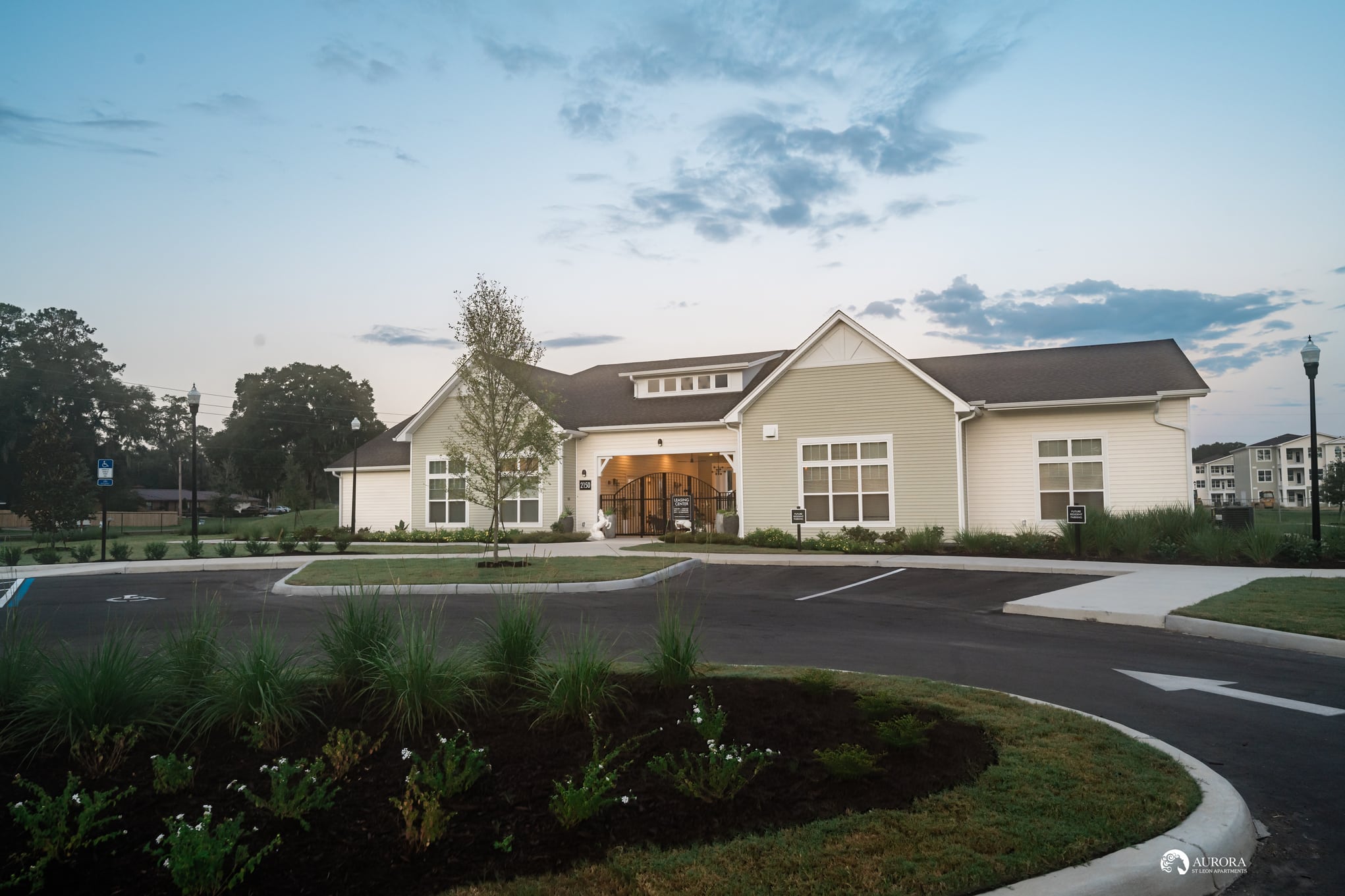 The entrance to an apartment building at dusk in Ocala.