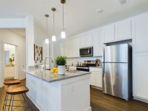 Apartments for rent in Ocala Apartments For Rent in Ocala feature a modern kitchen with white cabinetry, stainless steel appliances, and a breakfast bar with stools. Aurora St. Leon Apartments in Ocala 2150 NW 21st Avenue | Ocala, FL 34475 (352) 233-4133
