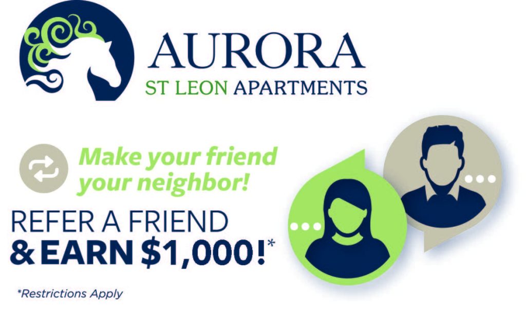 Apartments for rent in Ocala Aurora St Leon Apartments referral promotion. Text reads "Make your friend your neighbor! Refer a friend & earn $1,000!* *Restrictions Apply" with icon graphics of a horse and two people. Aurora St. Leon Apartments in Ocala 2150 NW 21st Avenue | Ocala, FL 34475 (352) 233-4133