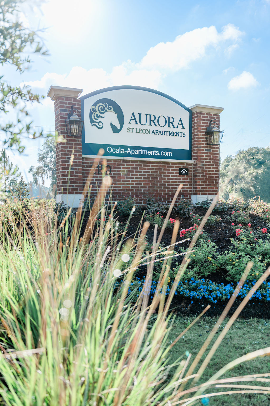 Apartments for rent in Ocala Sign for "Aurora St Leon Apartments" with website "Ocala-Apartments.com" in front of landscaped greenery and flowers. Aurora St. Leon Apartments in Ocala 2150 NW 21st Avenue | Ocala, FL 34475 (352) 233-4133