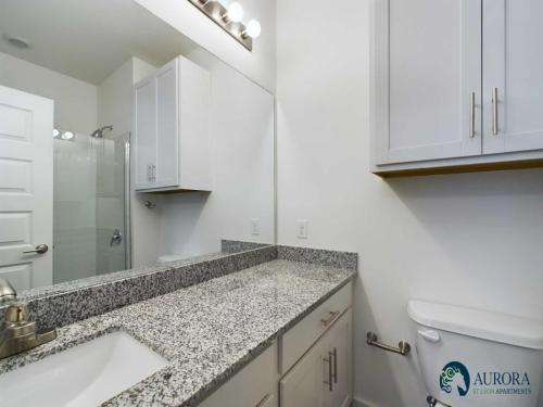 Apartments for rent in Ocala A modern bathroom featuring a granite countertop with a sink, a large mirror, white cabinets, a wall-mounted vanity light, a toilet, and a walk-in shower. The Aurora Silicon Apartments logo is visible. Aurora St. Leon Apartments in Ocala 2150 NW 21st Avenue | Ocala, FL 34475 (352) 233-4133