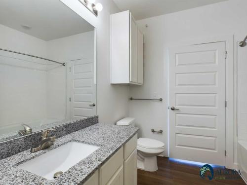 Apartments for rent in Ocala A modern bathroom with a granite countertop, sink, toilet, and shower-tub combo. The floor is wood, and a white door is visible. The logo "Aurora Silicon Apartments" is in the bottom right corner. Aurora St. Leon Apartments in Ocala 2150 NW 21st Avenue | Ocala, FL 34475 (352) 233-4133
